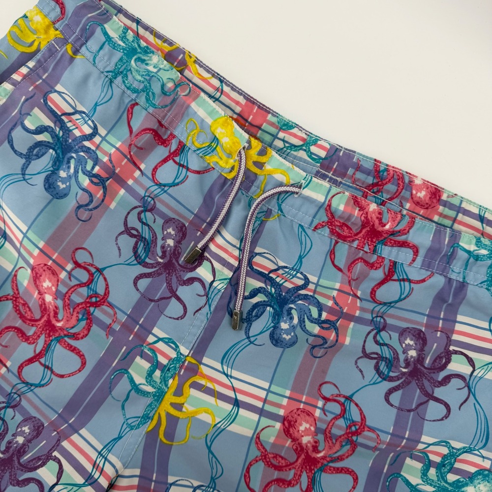 Peter Millar Swim Trunks Mens Small Blue Plaid Octopus Print Mesh‎ Lined Shorts
